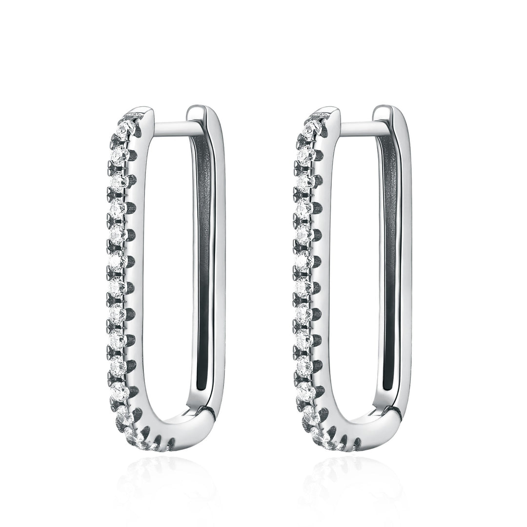 Silberne Creolen mit Zirkonia, rechteckig, eleganter Schmuck, Damen-Ohrringe, modisch.