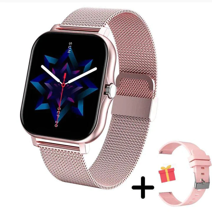 Rosa Smartwatch mit Metallarmband, quadratisches Display, modernes Design, Geschenk-Set.