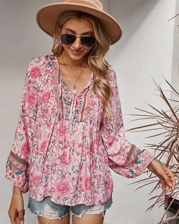 Vintage Boho podzimní blůza s květinovým potiskem a dlouhými rukávy – Sana