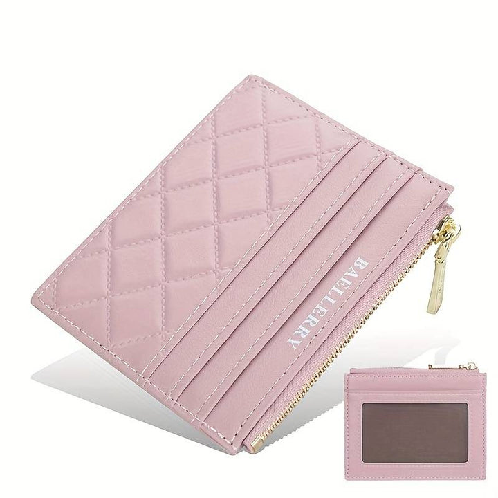 Rosa Leder-Kartenetui mit Reißverschluss, gesteppt, Damen-Accessoire, elegant und praktisch.