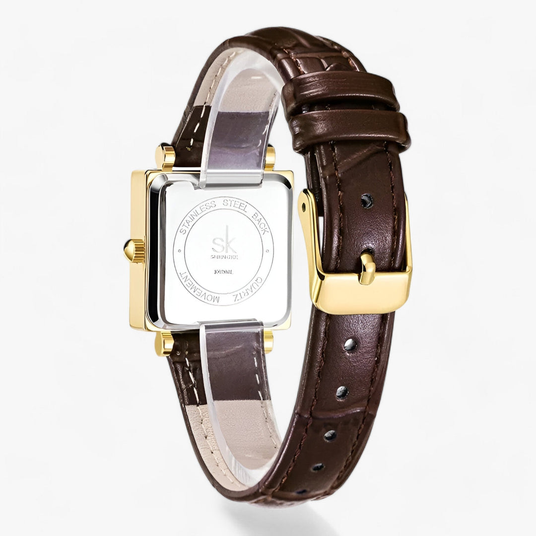 Goldene quadratische Armbanduhr mit braunem Lederarmband, Edelstahlgehäuse, Herrenuhr.