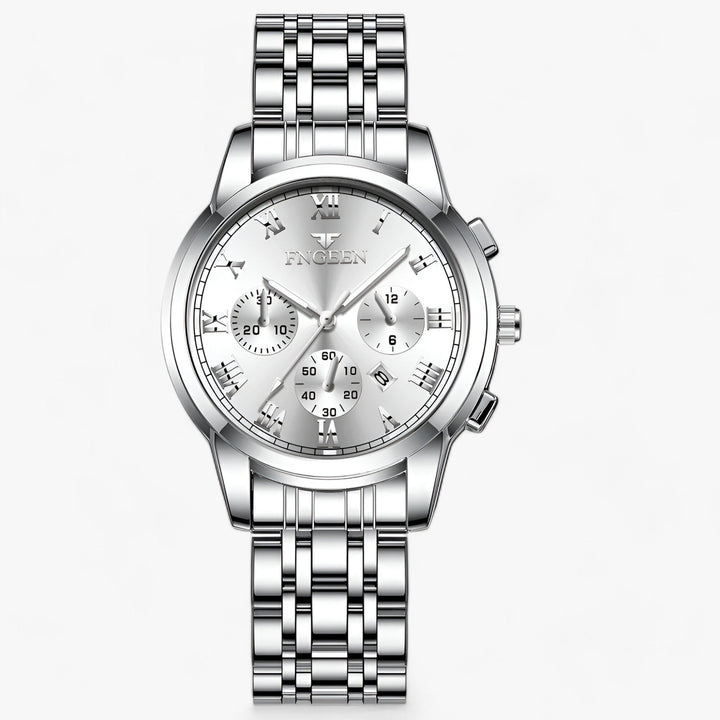 Silberne Edelstahl-Armbanduhr mit Chronograph, römischen Ziffern und Gliederarmband.