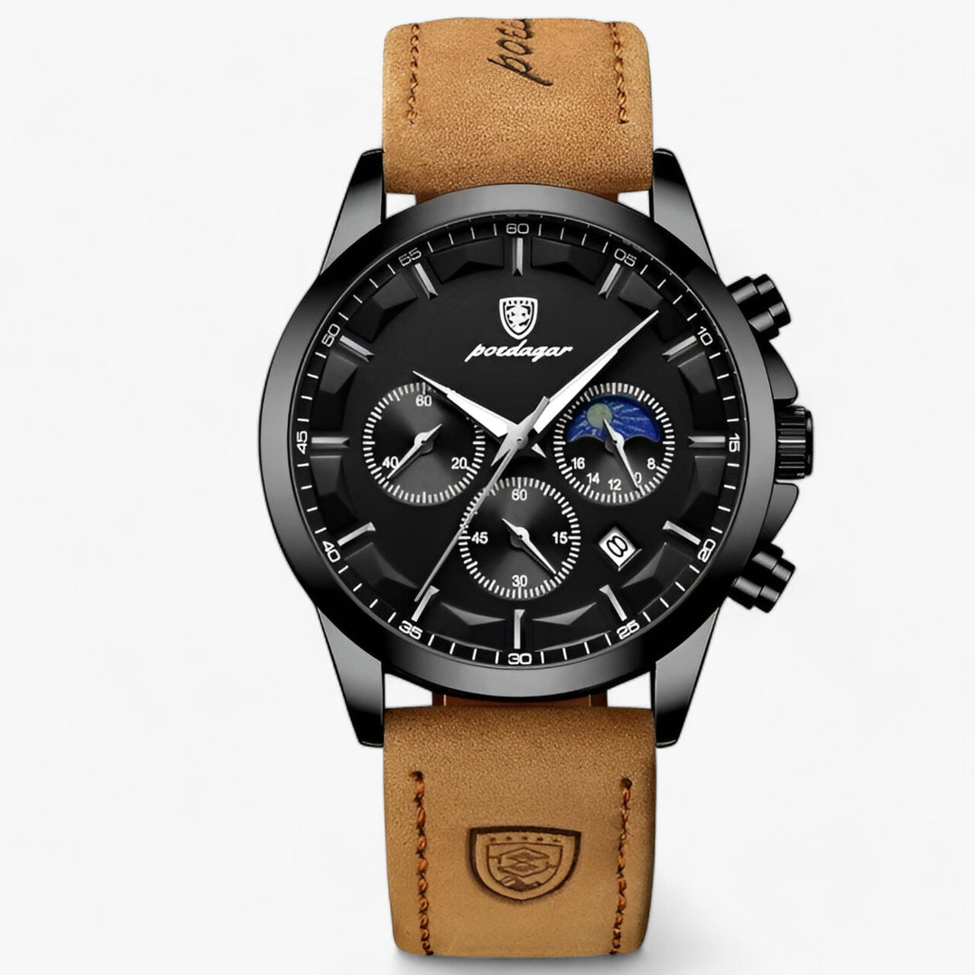 Schwarze Herrenchronographenuhr mit braunem Lederarmband, sportliches Design, analoges Zifferblatt.