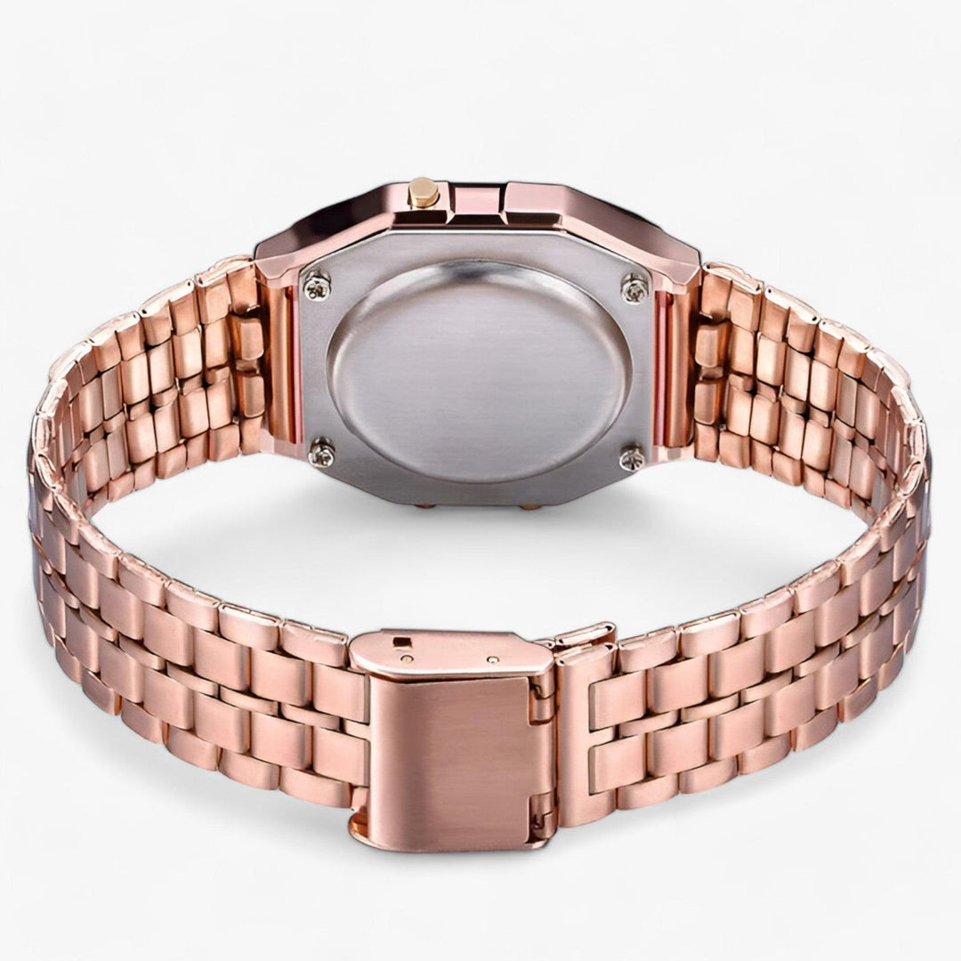 Roségoldene Edelstahlarmbanduhr, rechteckiges Gehäuse, elegantes Design, modische Accessoire.