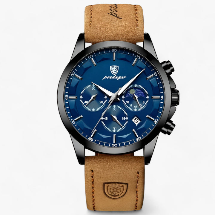 Luxus Herrenchronograph, blaues Zifferblatt, braunes Lederarmband, Edelstahlgehäuse.