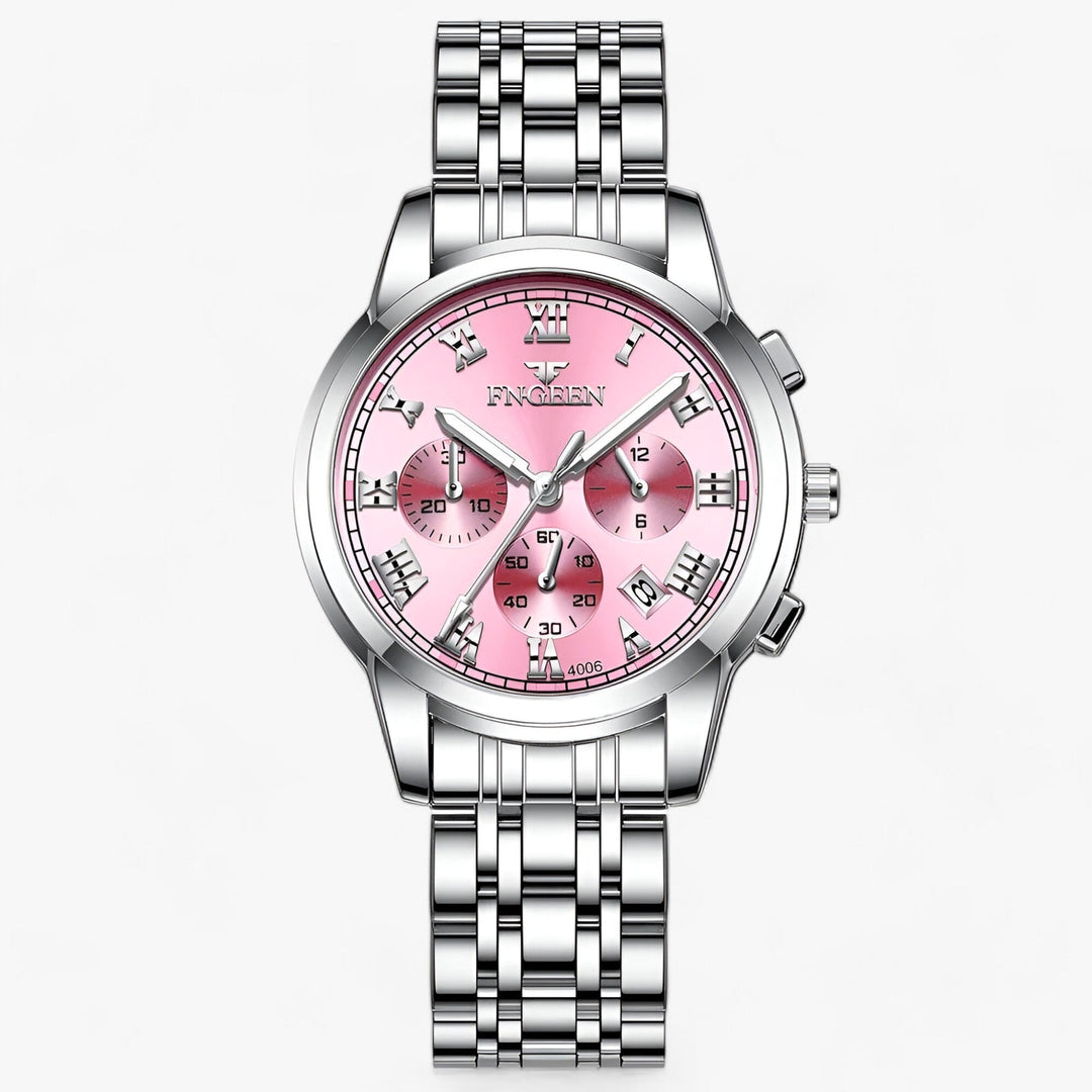 Silberne Edelstahl-Armbanduhr mit rosa Zifferblatt, Chronograph, Herrenuhr, elegant, modern.