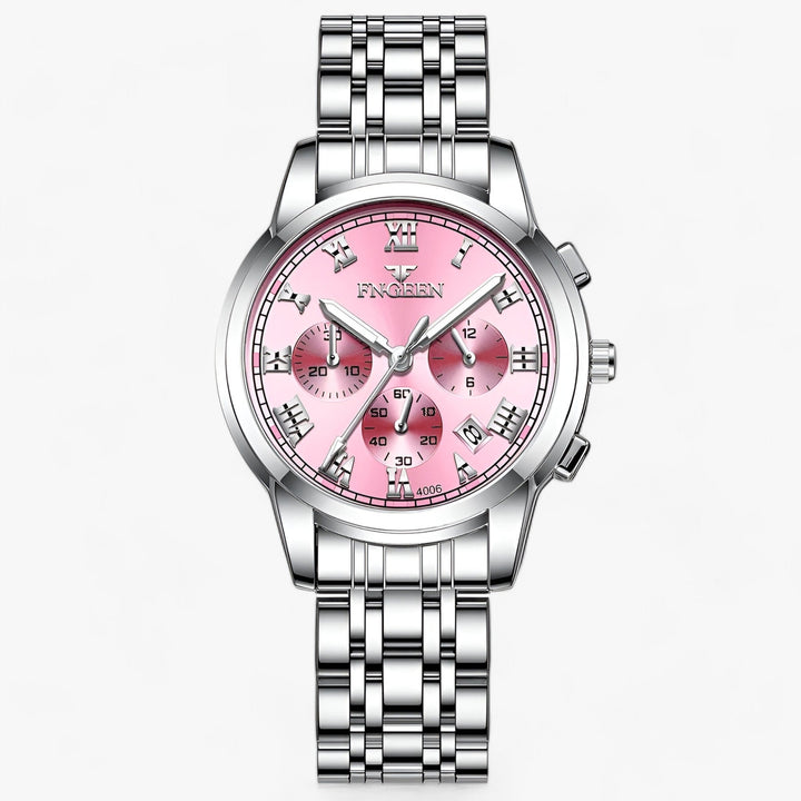 Silberne Edelstahl-Armbanduhr mit rosa Zifferblatt, Chronograph, Herrenuhr, elegant, modern.
