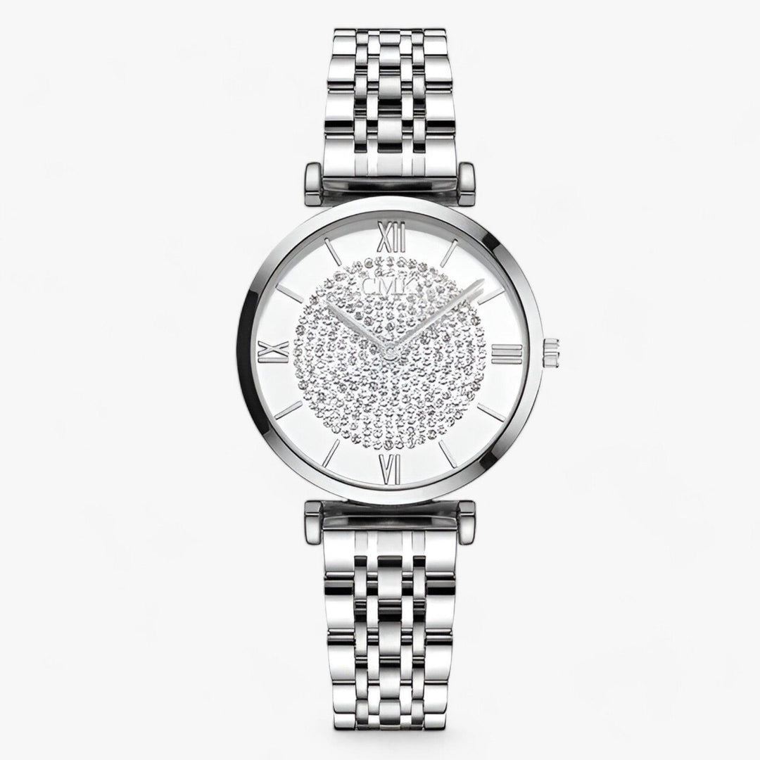 Silberne Damenarmbanduhr mit Strasssteinen, römischen Ziffern und Metallarmband.