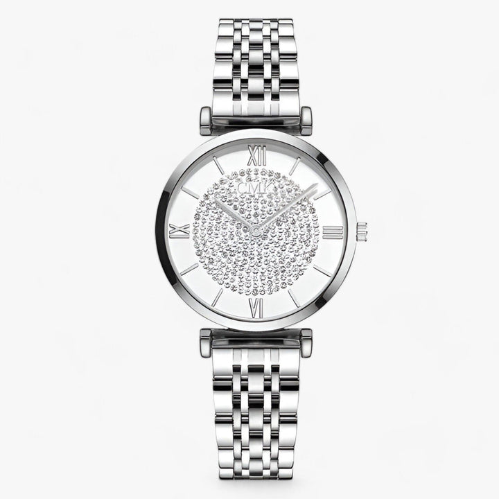 Silberne Damenarmbanduhr mit Strasssteinen, römischen Ziffern und Metallarmband.