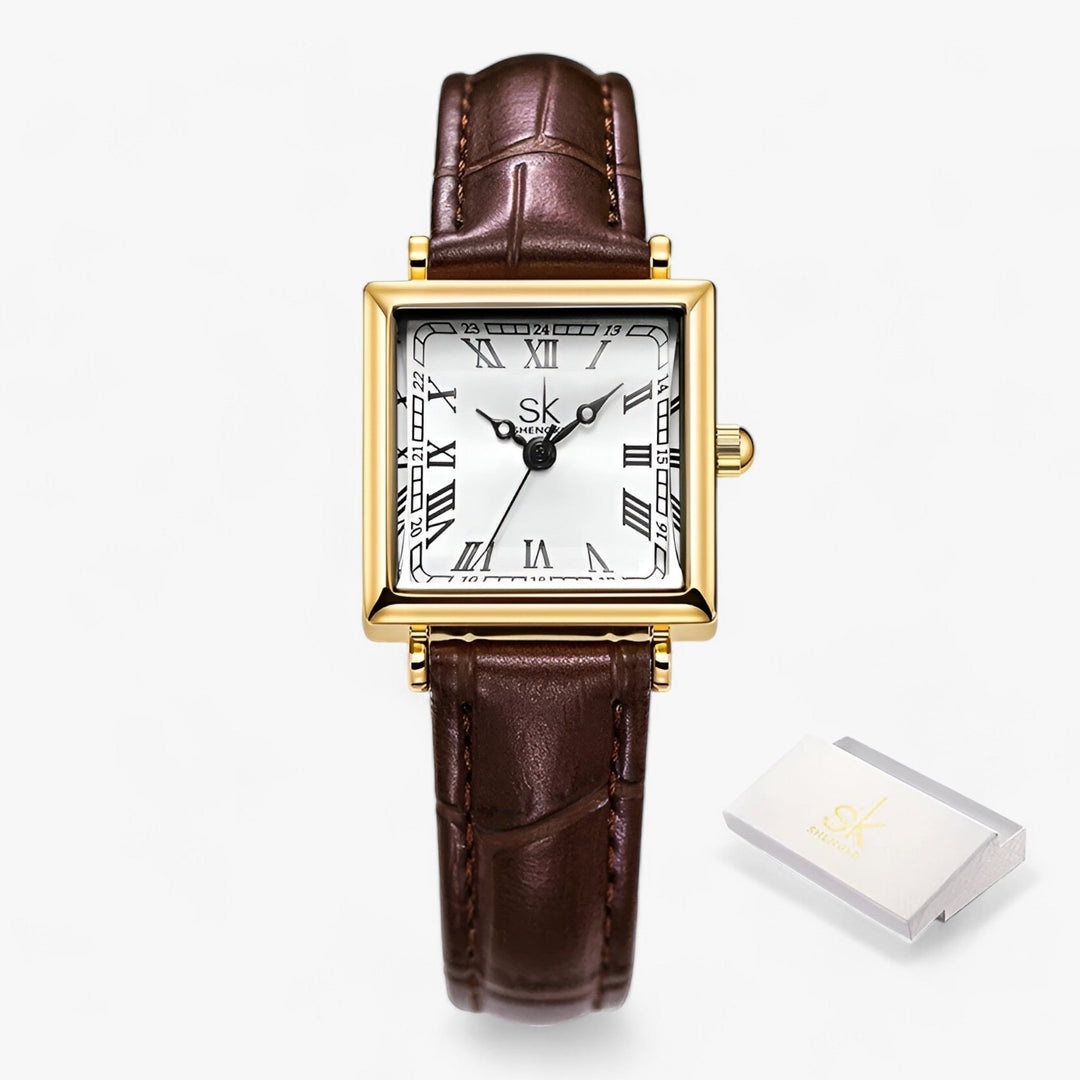 Goldene quadratische Armbanduhr mit braunem Lederarmband und römischen Ziffern.