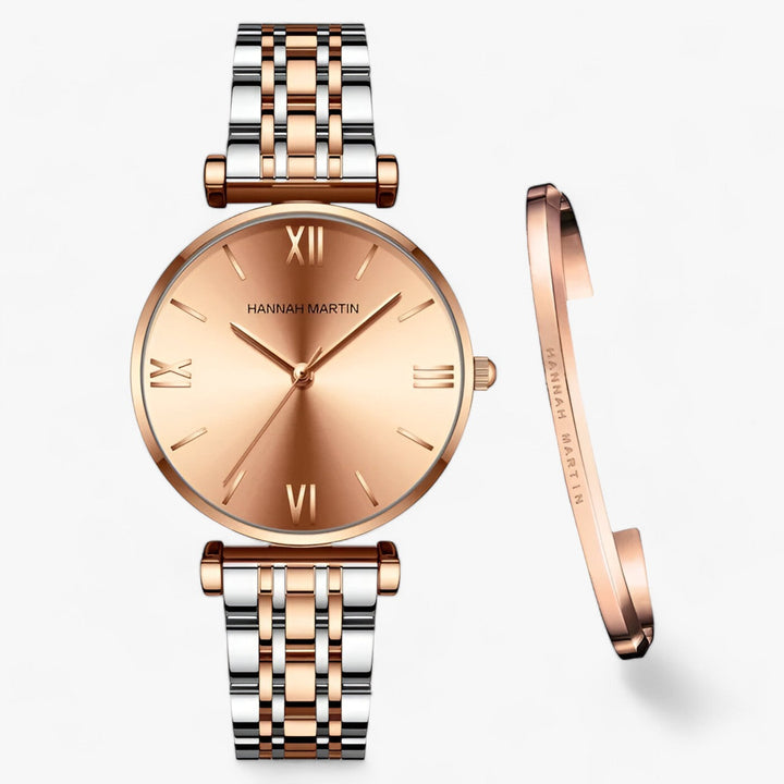 Luxus-Damenarmbanduhr, zweifarbig, Edelstahl, römische Ziffern, modisches Accessoire.