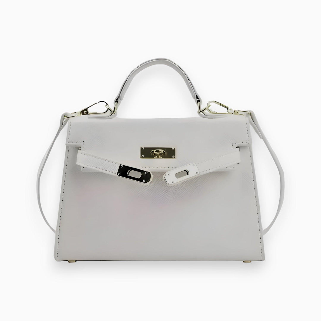 Weiße Damenhandtasche aus Leder mit goldenen Details und abnehmbarem Schulterriemen.