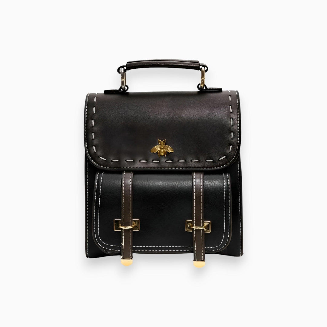 Schwarzer Lederrucksack mit Bienenemblem, modisch, elegant, Damenaccessoire, hochwertig.