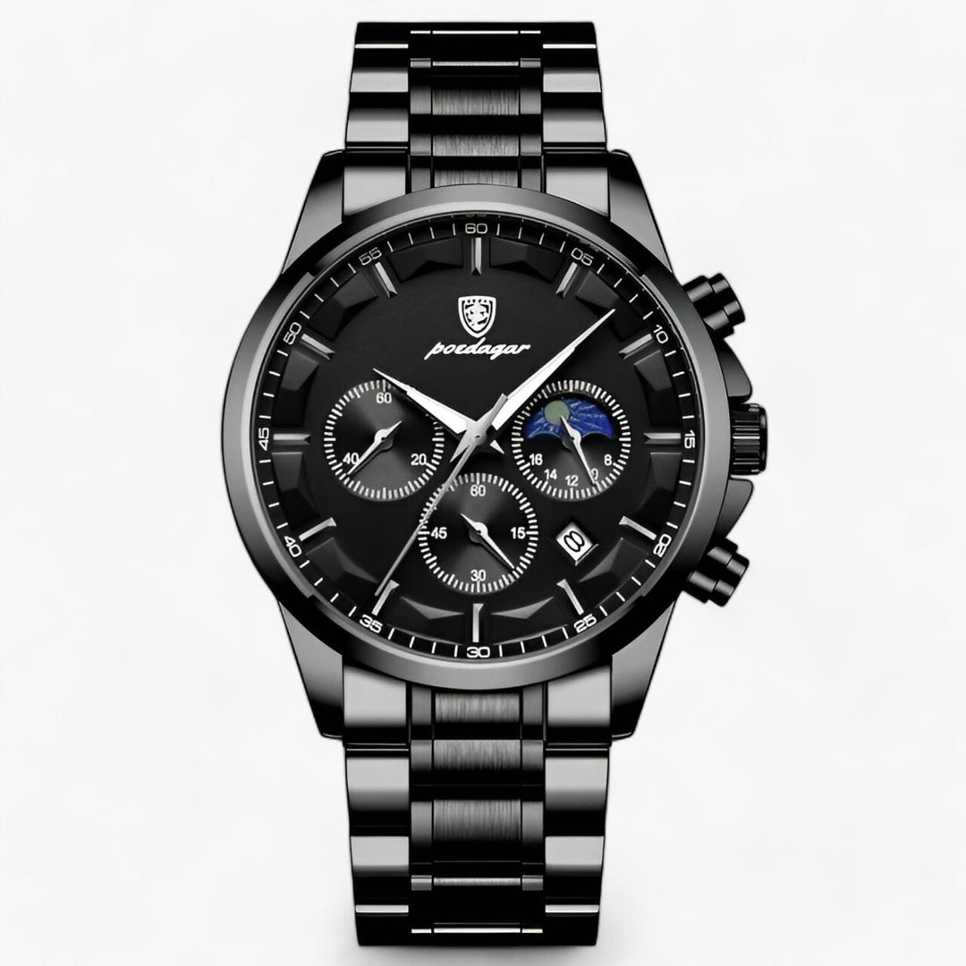 Schwarze Edelstahl-Armbanduhr mit Chronograph, Mondphase und Datumsanzeige, Herrenarmbanduhr.
