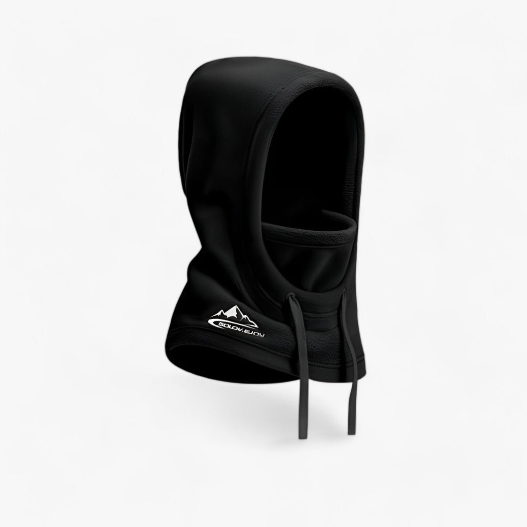 Schwarze Sturmhaube mit Logo, winddicht, ideal für Outdoor-Aktivitäten, Unisex-Design.
