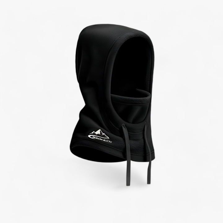 Schwarze Sturmhaube mit Logo, winddicht, ideal für Outdoor-Aktivitäten, Unisex-Design.