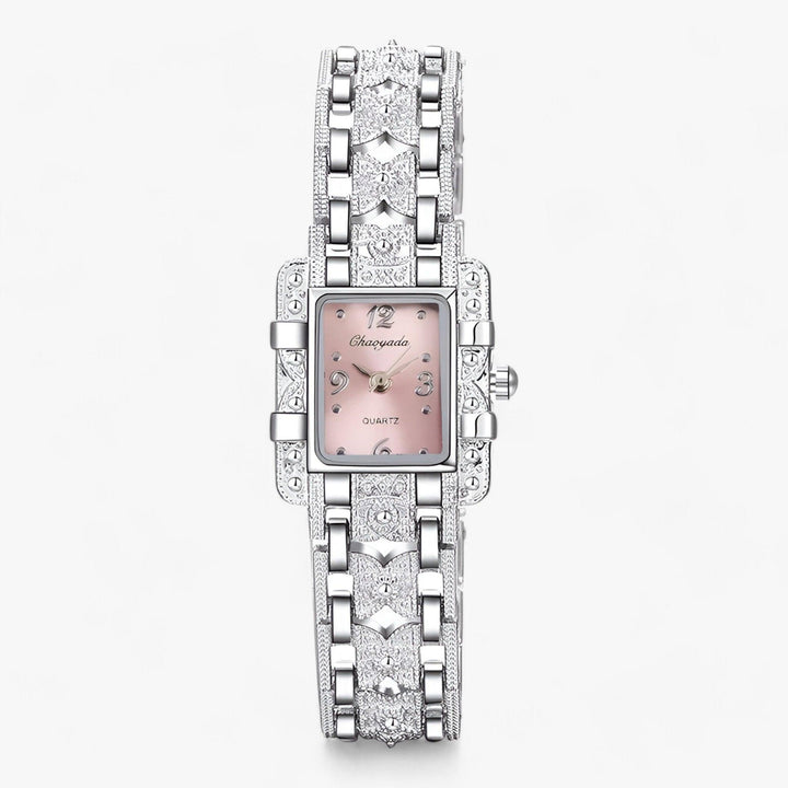 Luxus Damenarmbanduhr, silber, rechteckiges Zifferblatt, Strasssteine, elegant, modisch.