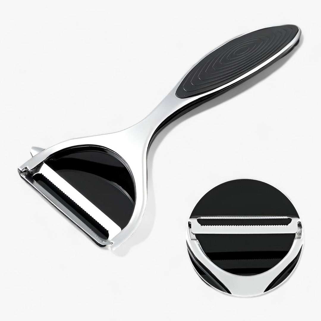 Schwarzer Edelstahl-Gemüseschäler mit Ersatzklinge, ergonomischer Griff, Küchenzubehör.