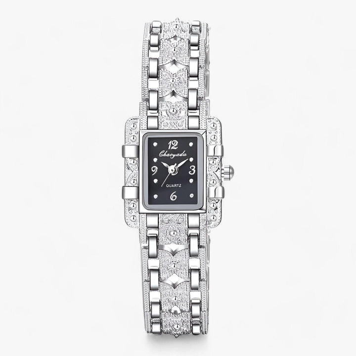 Silberne Damenarmbanduhr mit rechteckigem Zifferblatt, Quarzwerk, elegantes Design.