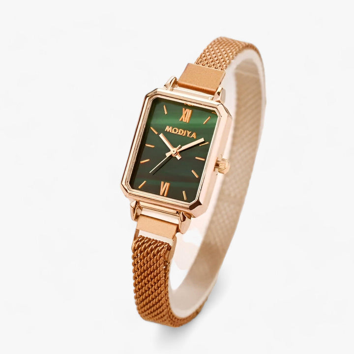 Goldene Damenarmbanduhr mit grünem Zifferblatt, rechteckigem Gehäuse und Mesh-Armband.