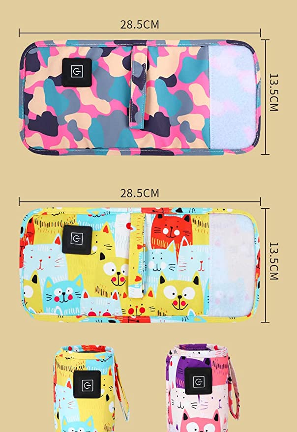 Bunte tragbare USB-Flaschenwärmerhülle mit Katzenmuster, 28,5x13,5 cm, isoliert.
