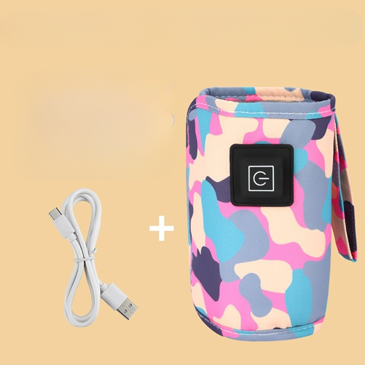 Tragbarer USB-Flaschenwärmer, buntes Design, inklusive USB-Kabel, ideal für unterwegs.
