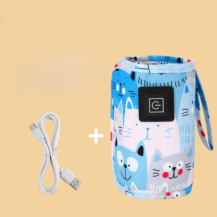 Tragbarer USB-Flaschenwärmer mit Katzenmotiv, blau, inkl. USB-Kabel, Babyzubehör.
