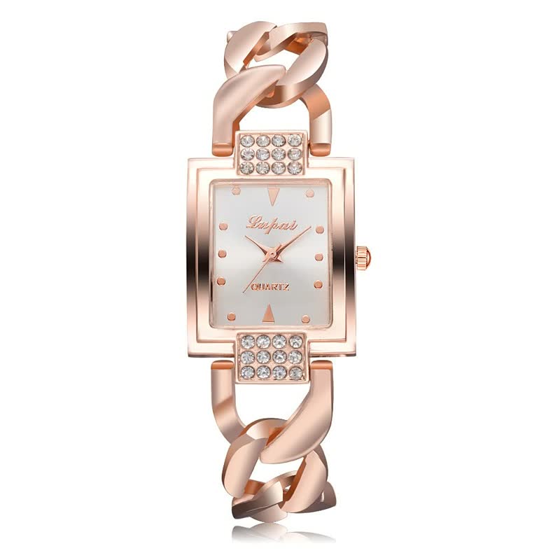 Luxuriöse Damenarmbanduhr, roségold, rechteckiges Zifferblatt, Strasssteine, modisches Design.