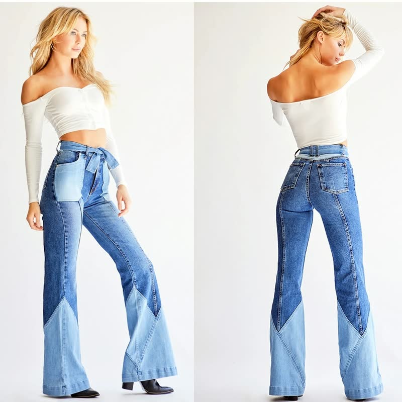 Frau in blauer Schlagjeans und weißem Off-Shoulder-Top, modische Damenbekleidung.
