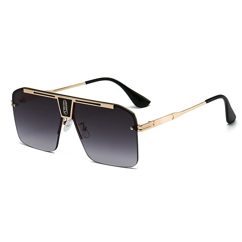 Luxuriöse Sonnenbrille, quadratisch, goldener Rahmen, schwarze Gläser, Unisex-Modeaccessoire.