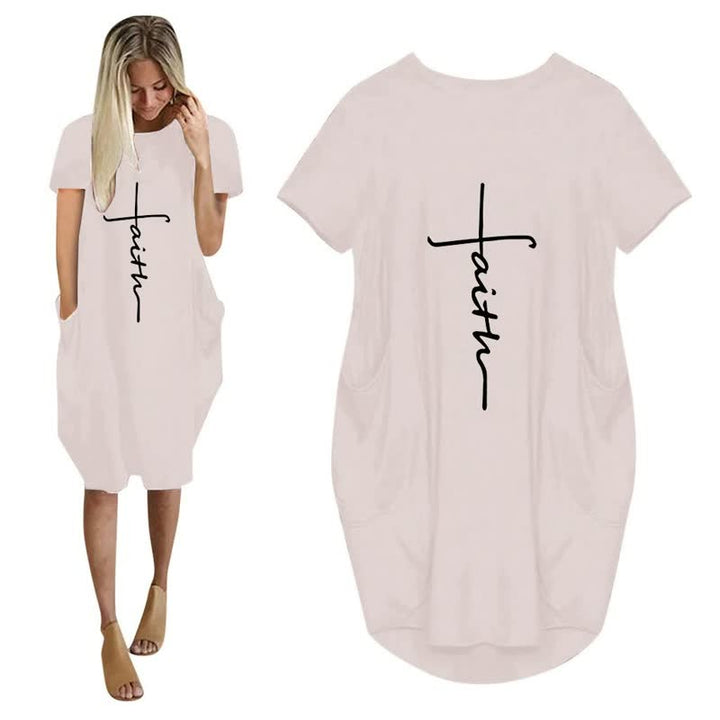 Damen T-Shirt-Kleid, weiß, mit "Faith"-Aufdruck, kurze Ärmel, lässig, Baumwolle.
