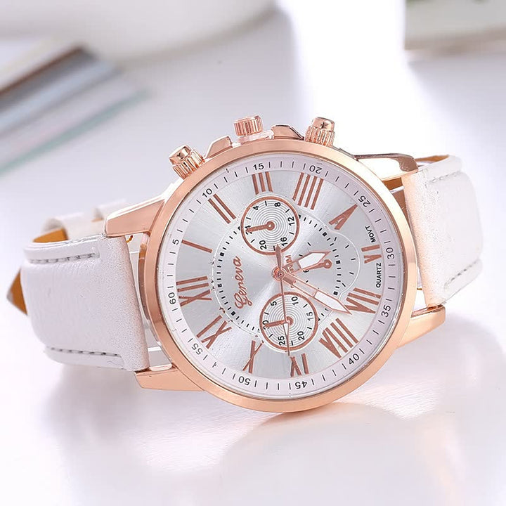 Luxus Damenarmbanduhr, roségoldenes Gehäuse, weißes Lederarmband, römische Ziffern, Chronograph.