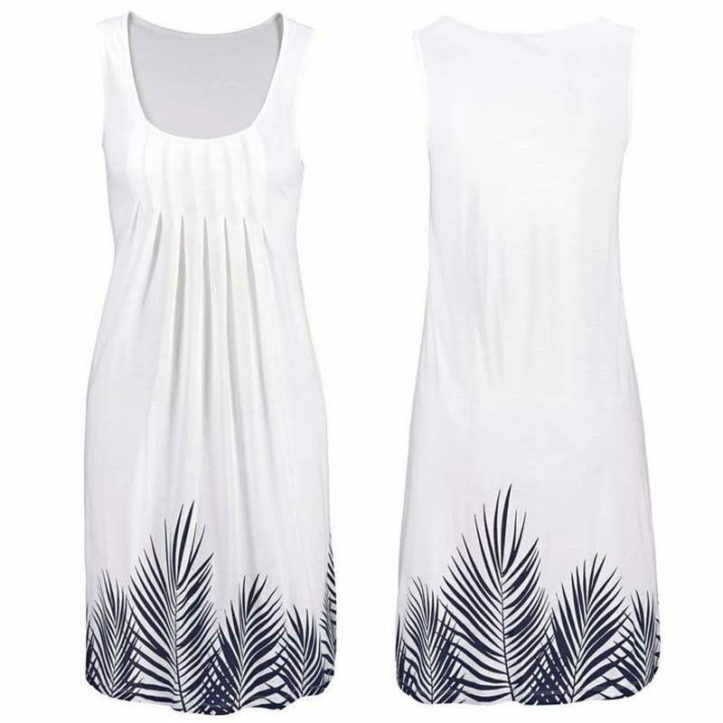 Ärmelloses weißes Sommerkleid mit Palmenmuster, Damenmode, Baumwolle, Freizeitkleidung.