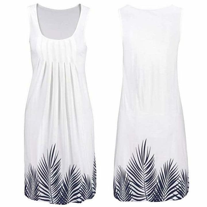 Ärmelloses weißes Sommerkleid mit Palmenmuster, Damenmode, Baumwolle, Freizeitkleidung.