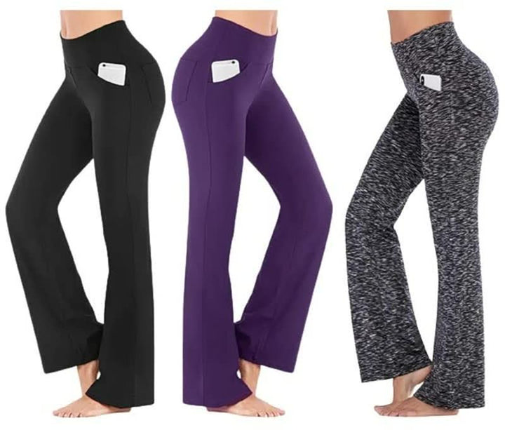 Drei Damen-Yoga-Leggings mit Taschen, schwarz, lila, grau meliert, bequem und dehnbar.