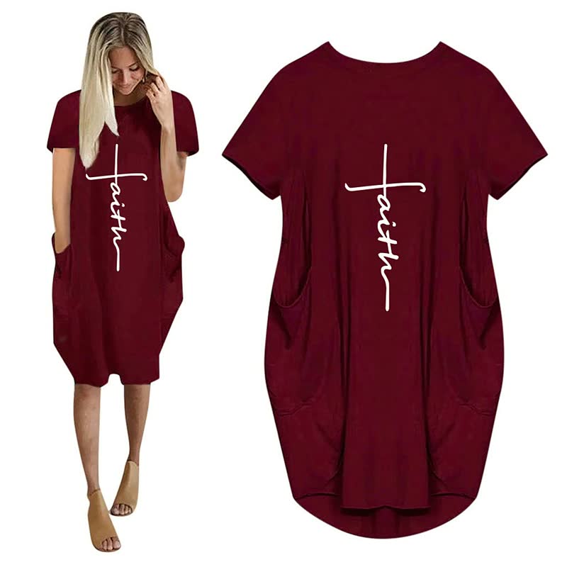 Damen T-Shirt-Kleid, burgunderrot, mit "Faith"-Aufdruck, lässig, Baumwolle, kurze Ärmel.