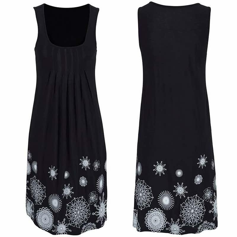 Schwarzes ärmelloses Kleid mit weißen Mandala-Mustern, Sommermode, Damenbekleidung.
