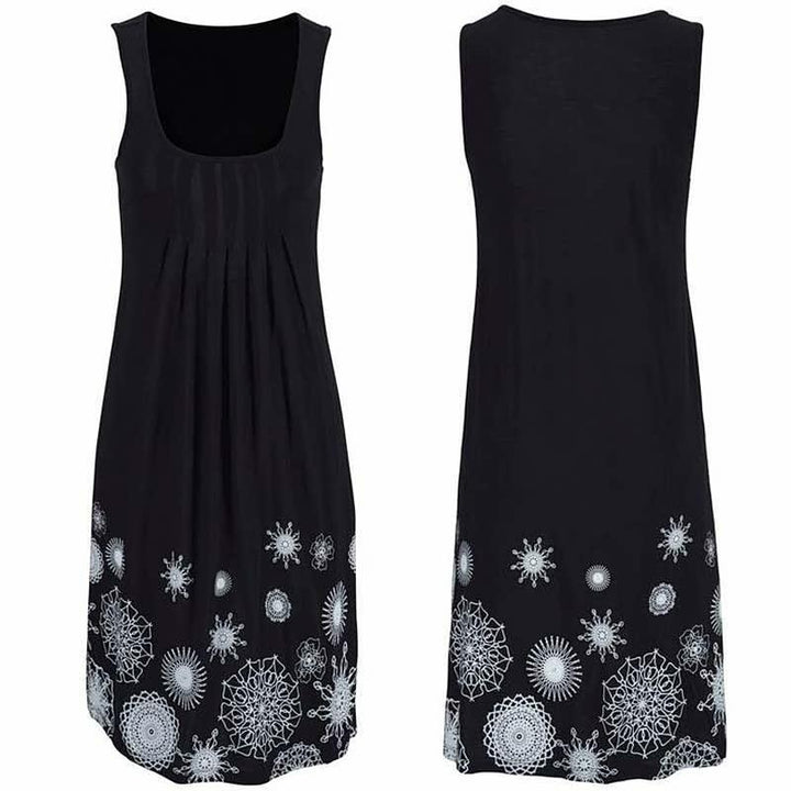Schwarzes ärmelloses Kleid mit weißen Mandala-Mustern, Sommermode, Damenbekleidung.