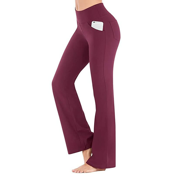 Damen Yogahose bordeaux, hohe Taille, mit Tasche, bequem, elastisch, ideal für Fitness und Sport.