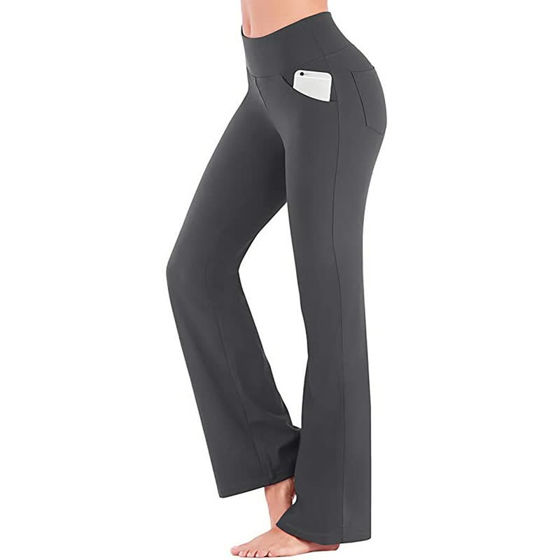 Damen Yogahose mit Taschen, schwarz, Bootcut, elastisch, bequem, ideal für Sport und Freizeit.