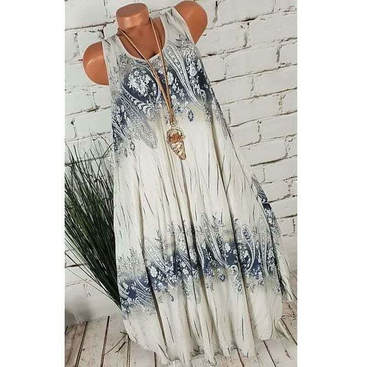 Ärmelloses Maxikleid Damen, blau-weißes Paisley-Muster, Sommermode, Boho-Stil, Baumwolle.