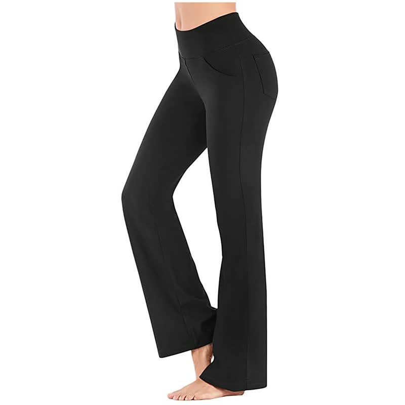Schwarze Damen-Yoga-Hose, Bootcut, hohe Taille, elastisch, bequem, ideal für Sport und Freizeit.