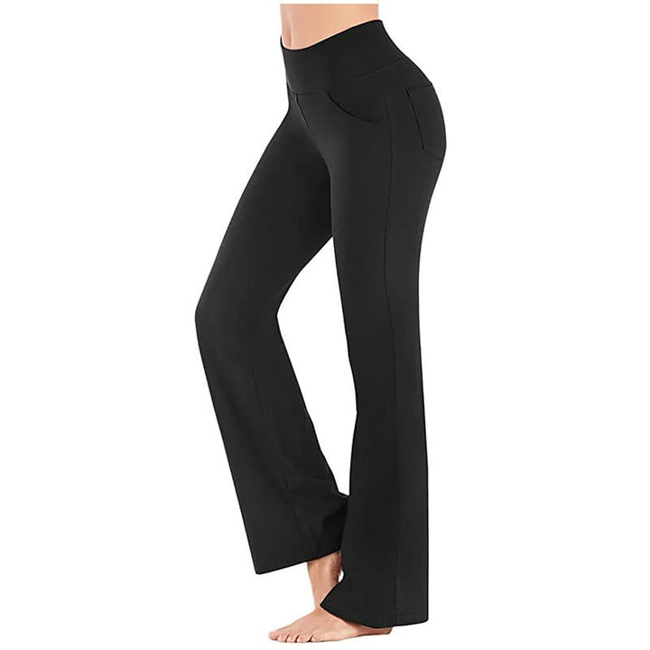 Schwarze Damen-Yoga-Hose, Bootcut, hohe Taille, elastisch, bequem, ideal für Sport und Freizeit.