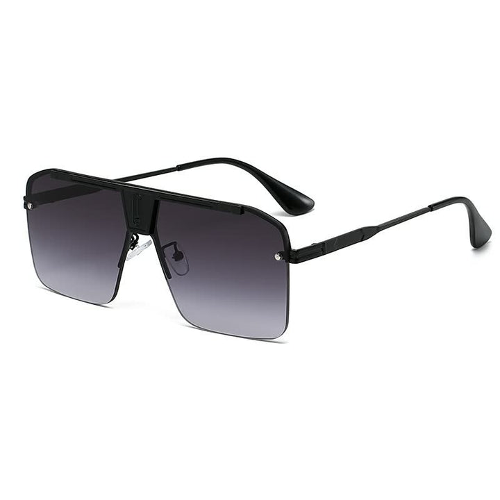 Schwarze Sonnenbrille mit rechteckigen Gläsern, UV-Schutz, modisches Accessoire.