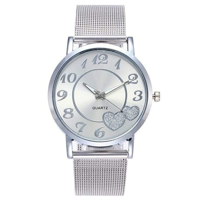 Silberne Damenarmbanduhr mit Herzdesign, Quarzwerk, Metallarmband, modisch, elegant.