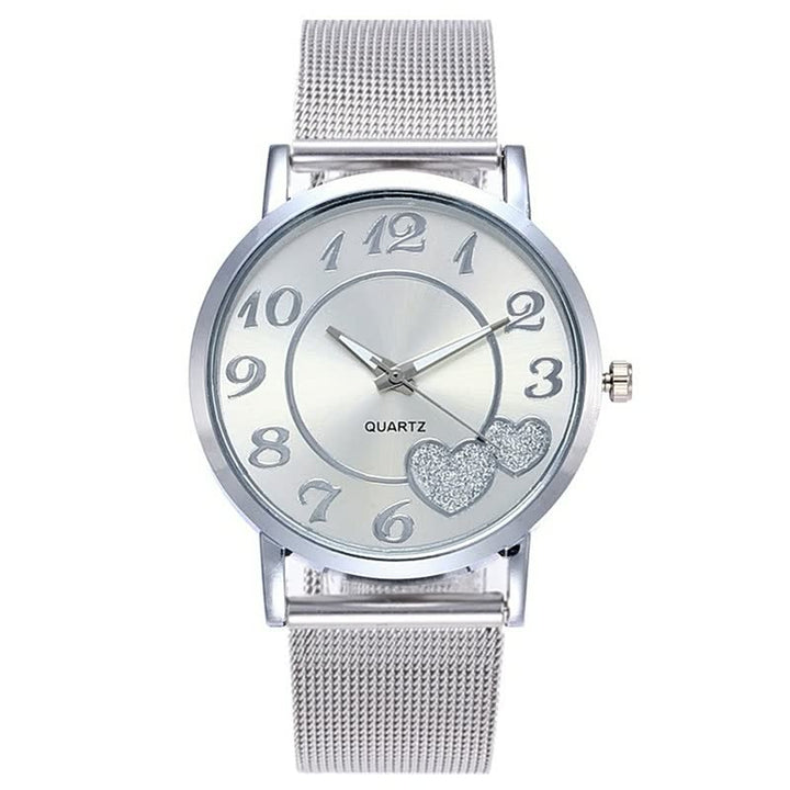 Silberne Damenarmbanduhr mit Herzdesign, Quarzwerk, Metallarmband, modisch, elegant.
