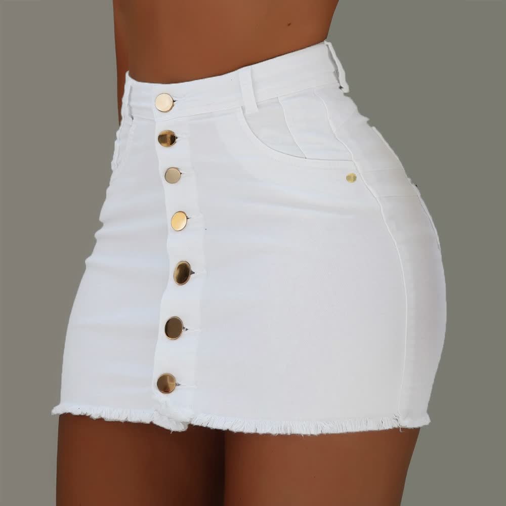 Weiße Jeans-Minirock mit Knopfleiste, hoher Bund, modisch, Damenmode, Sommerkleidung.
