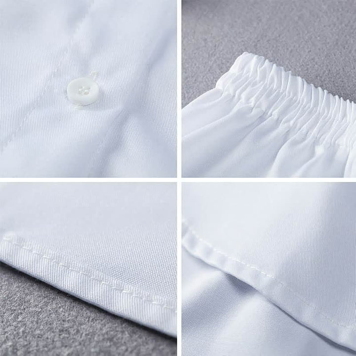 Weiße Baumwollbettwäsche, Nahaufnahme, Knopfdetail, elastischer Bund, weicher Stoff, hochwertig.