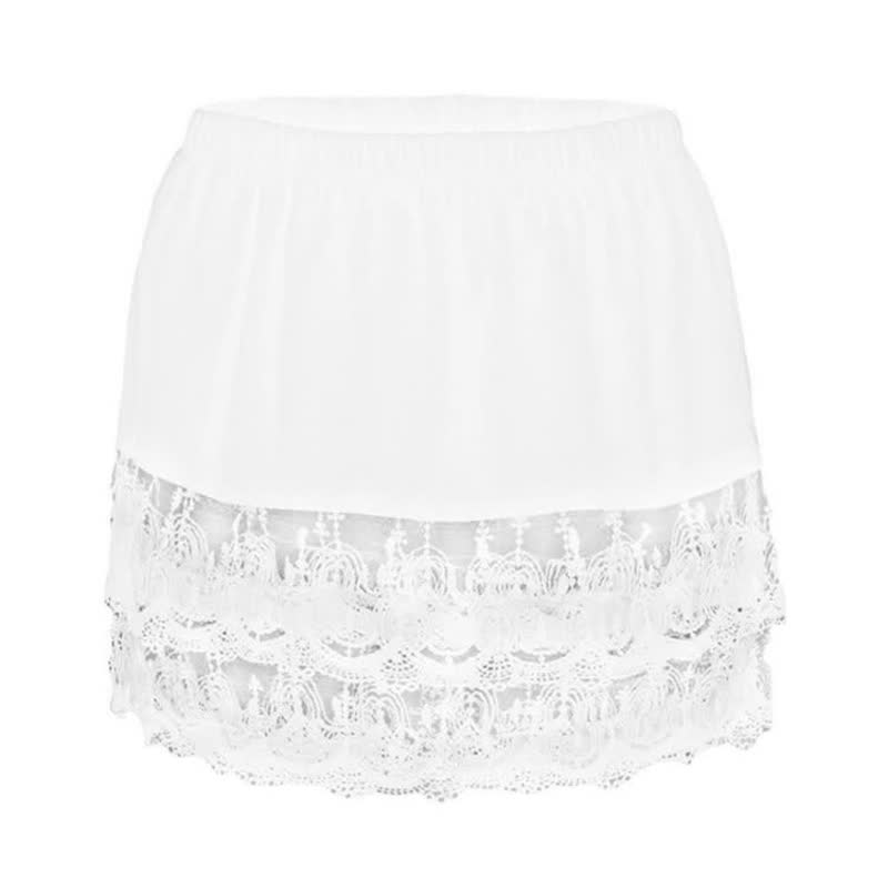 Weißer Spitzenrock, Damenmode, elastischer Bund, Sommerkleidung, elegant, knielang.
