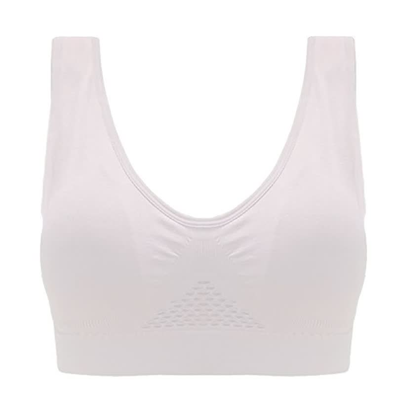 Weißer nahtloser Sport-BH für Damen, atmungsaktiv, bequem, Fitnessbekleidung.